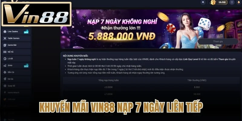 Khuyến Mãi Vin88 nạp 7 ngày liên tiếp